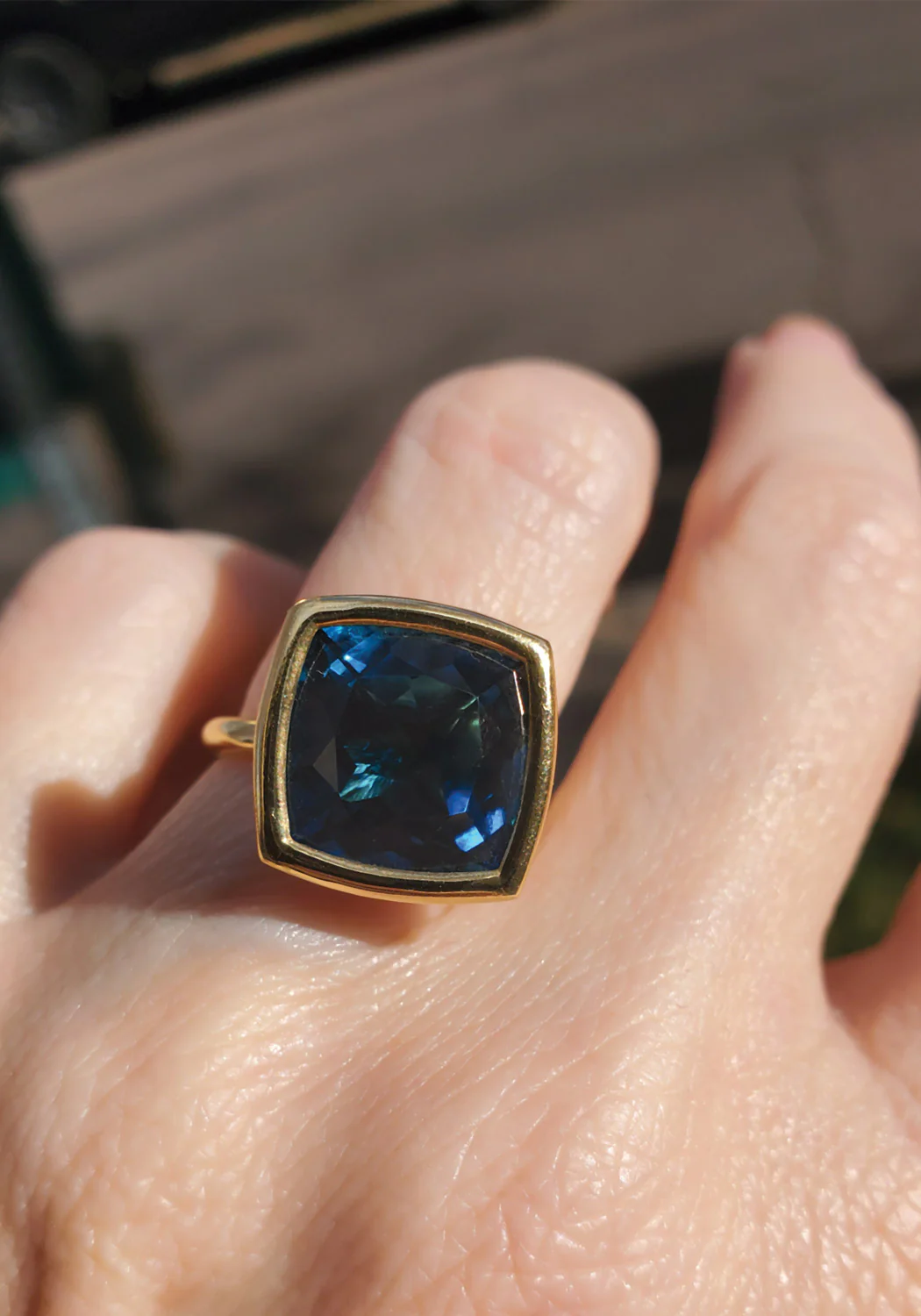 A & Furst Gaia 18KYG Large Cushion Cut London Blue Topaz Ring - Image 3
