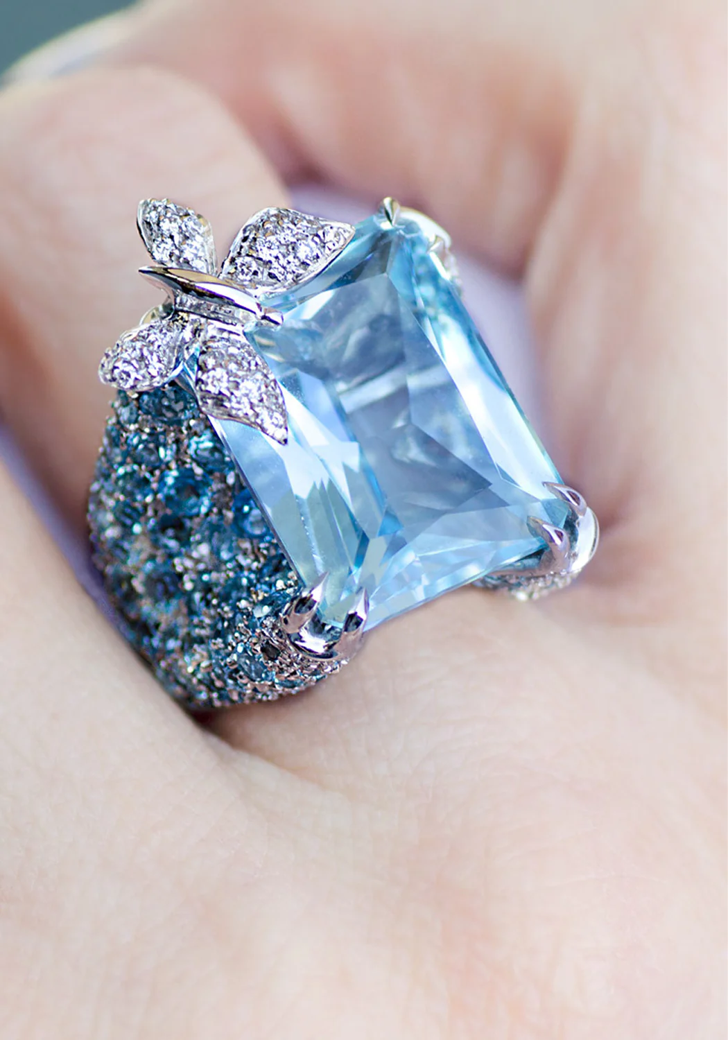 Adolfo Courrier 18KWG Diamond & Blue Topaz Butterfly Cocktail Ring - Image 3