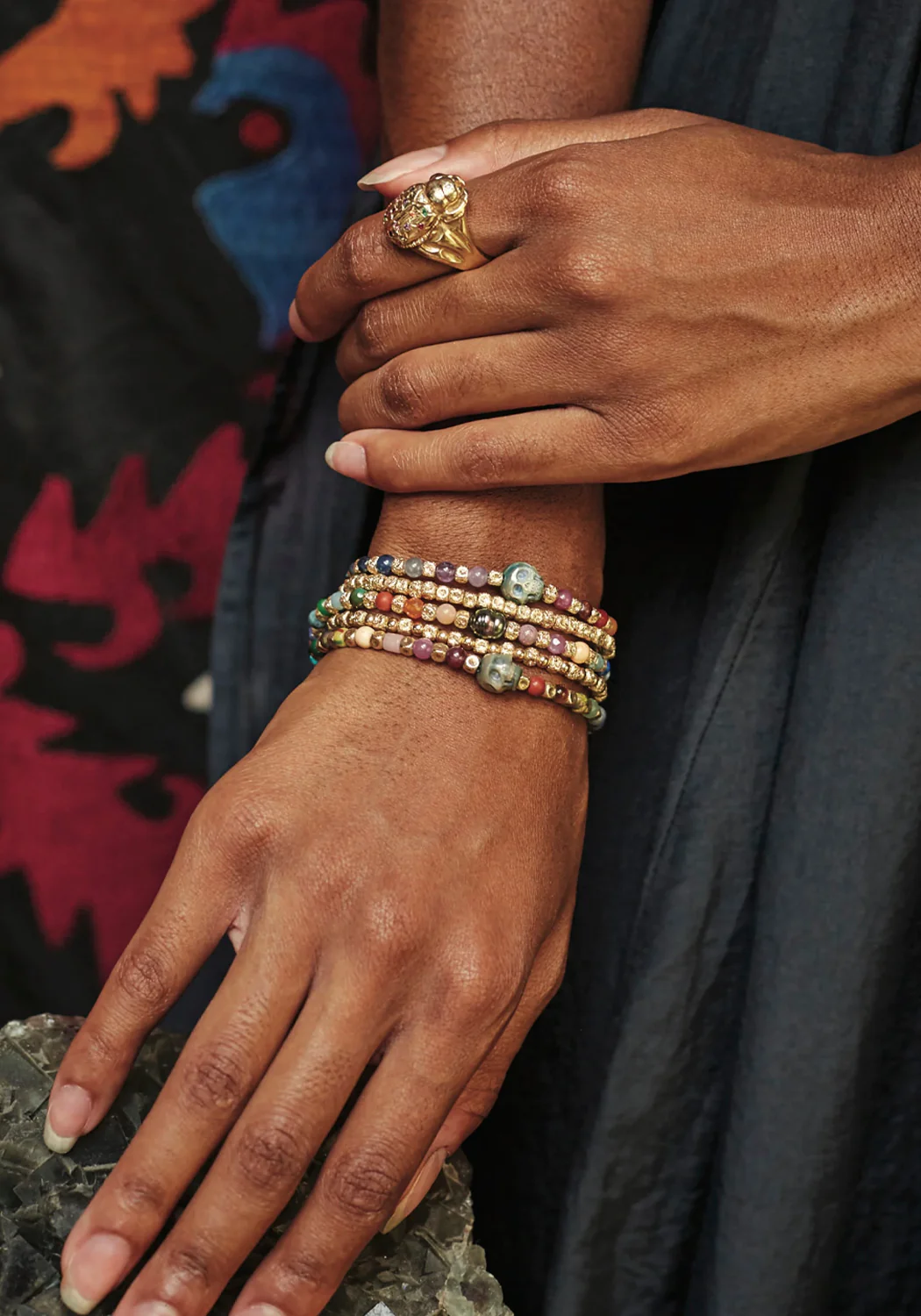 Catherine Michiels Coral & Onyx Bead Diamond Star Bracelet - Image 4