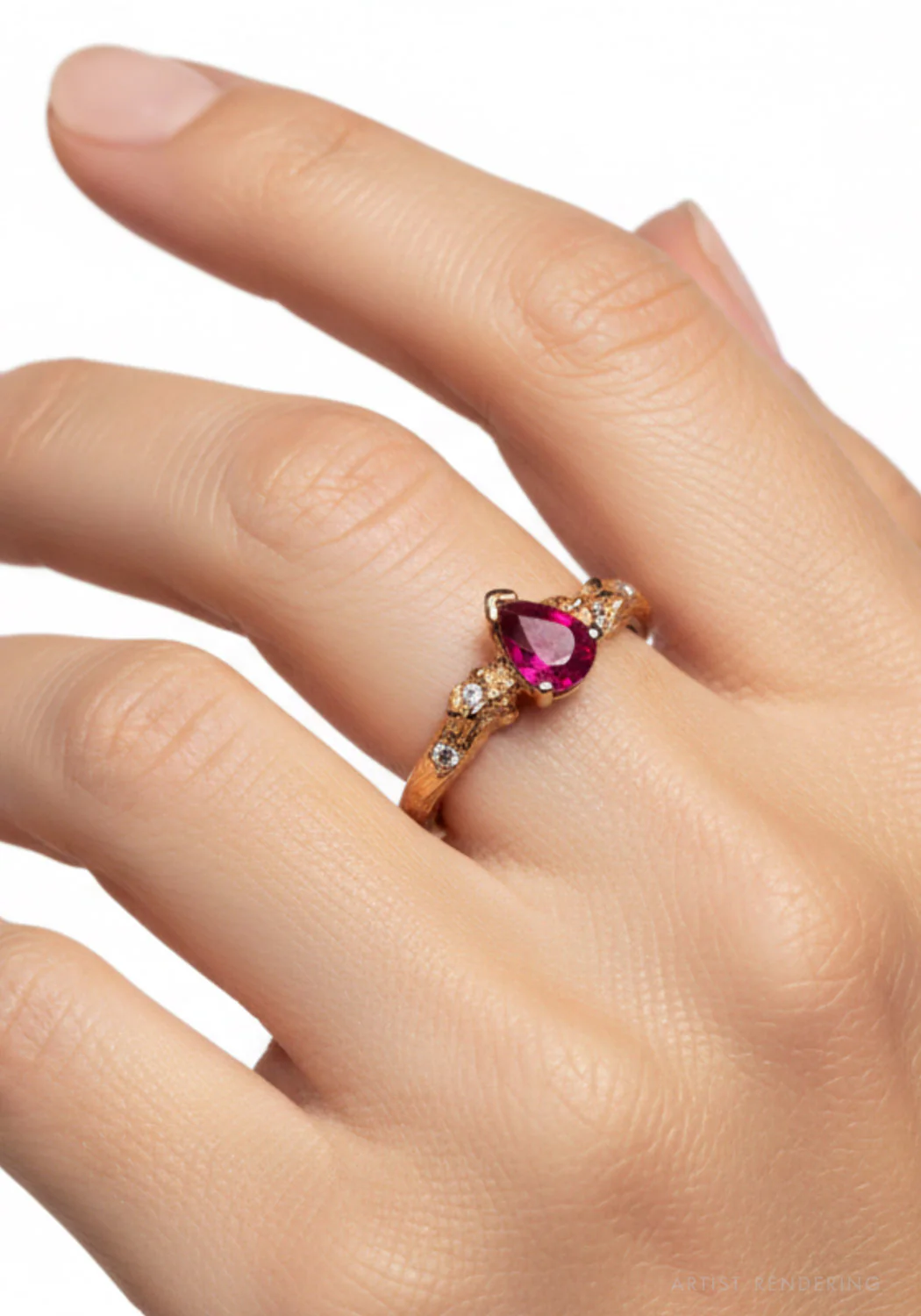 K. Brunini 18K Rose Gold Diamond & Pear Ruby Twig Ring - Image 2