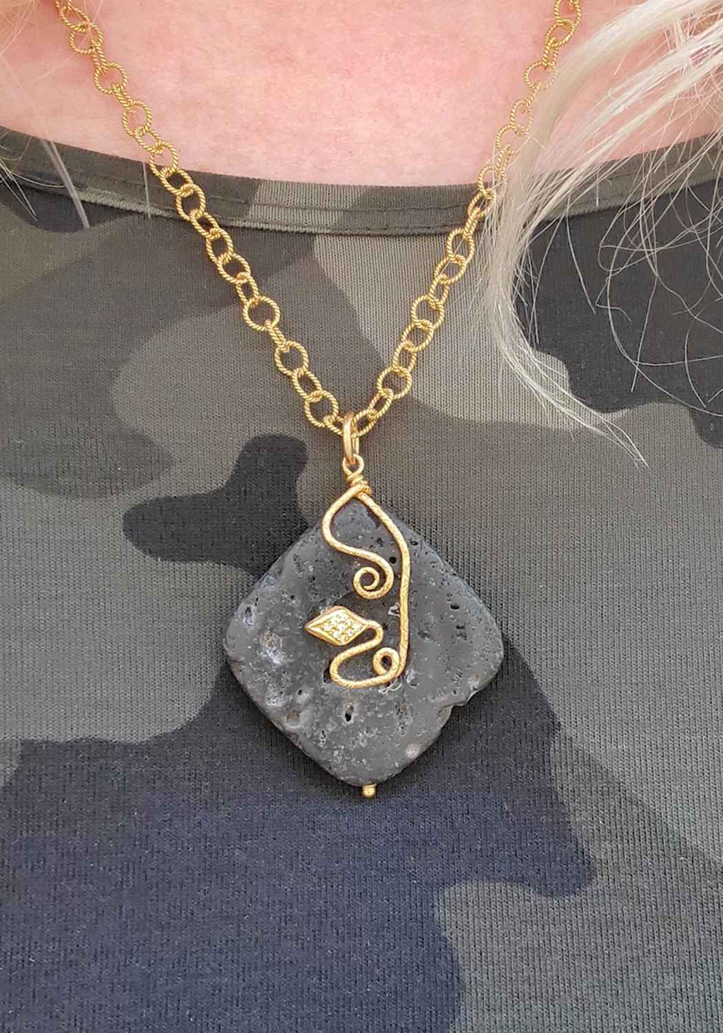 Lika Behar 24K Yellow Gold Lava Stone Diamond Snake Pendant - Image 4