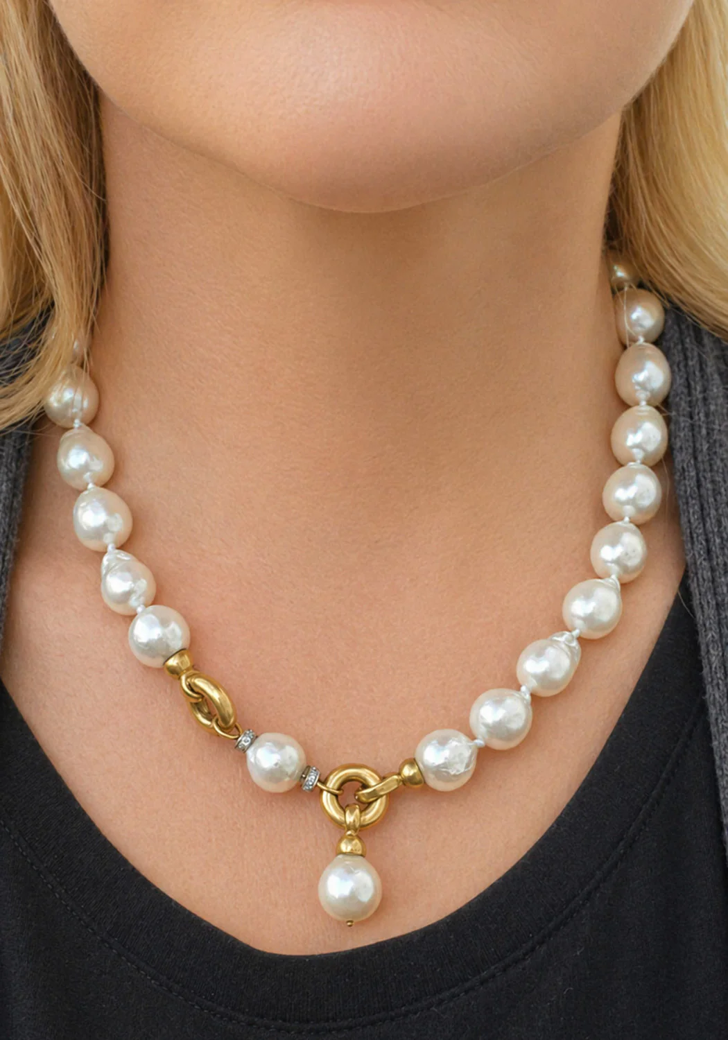 Oster Collection 18KYG Adjustable Diamond & Baroque Pearl Necklace