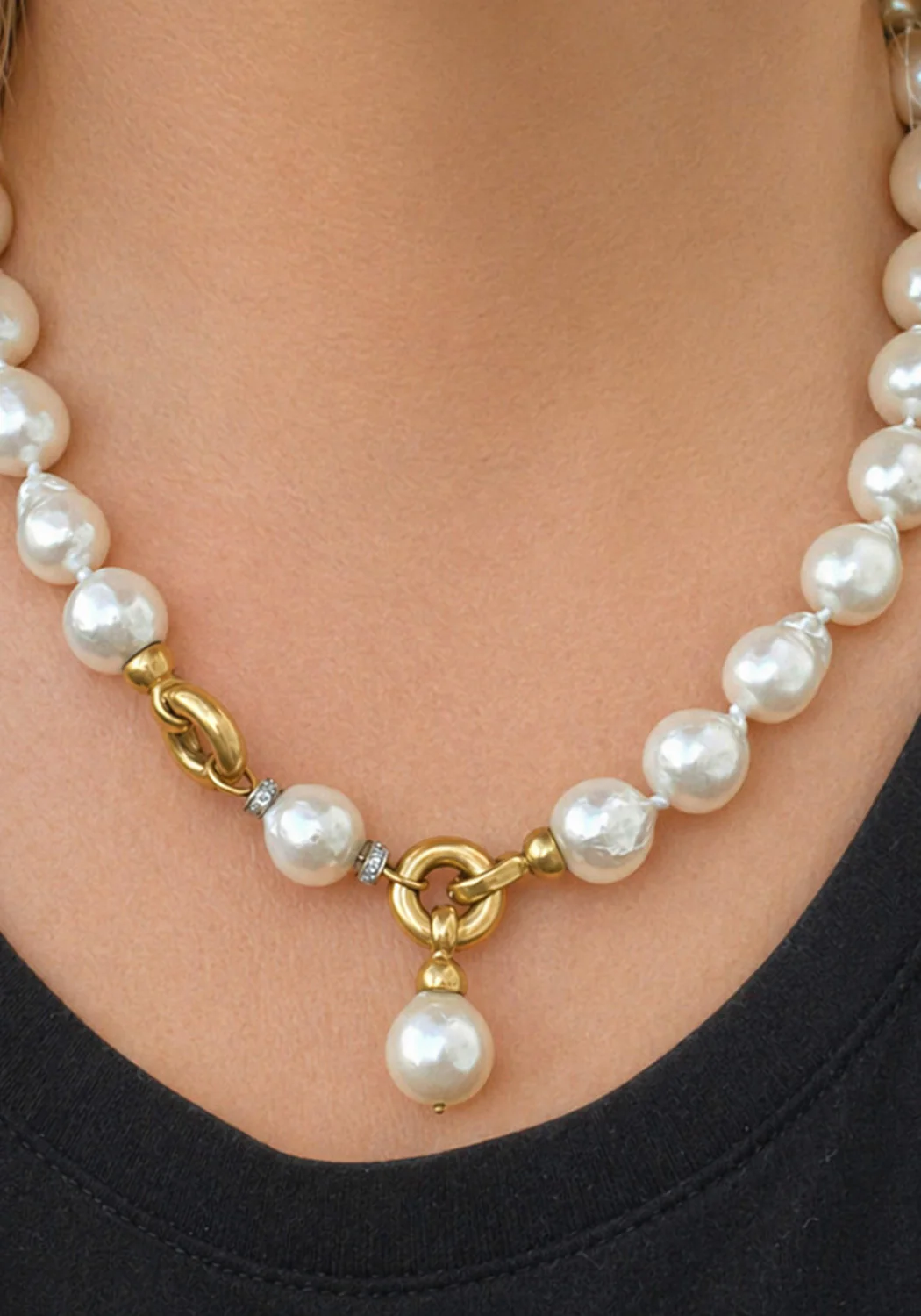 Oster Collection 18KYG Adjustable Diamond & Baroque Pearl Necklace - Image 2