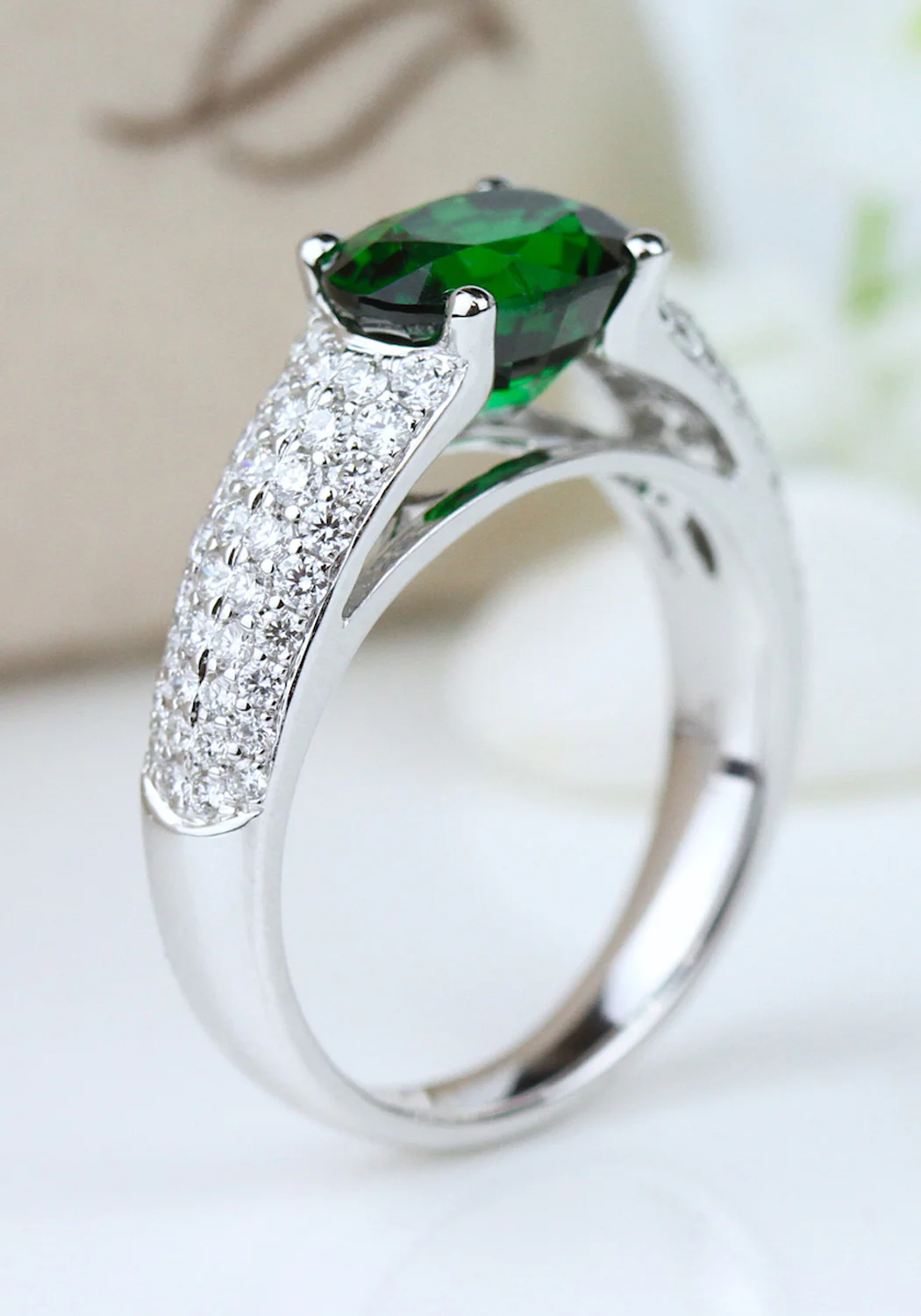 Parade Design 18K White Gold Diamond & Oval Tsavorite Ring - Image 2
