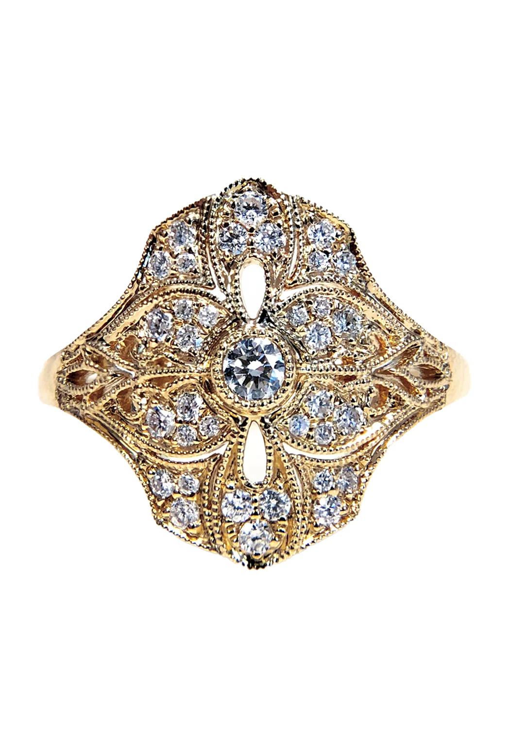 Parade Design 18KYG Art Deco Filigree Diamond Shield Ring