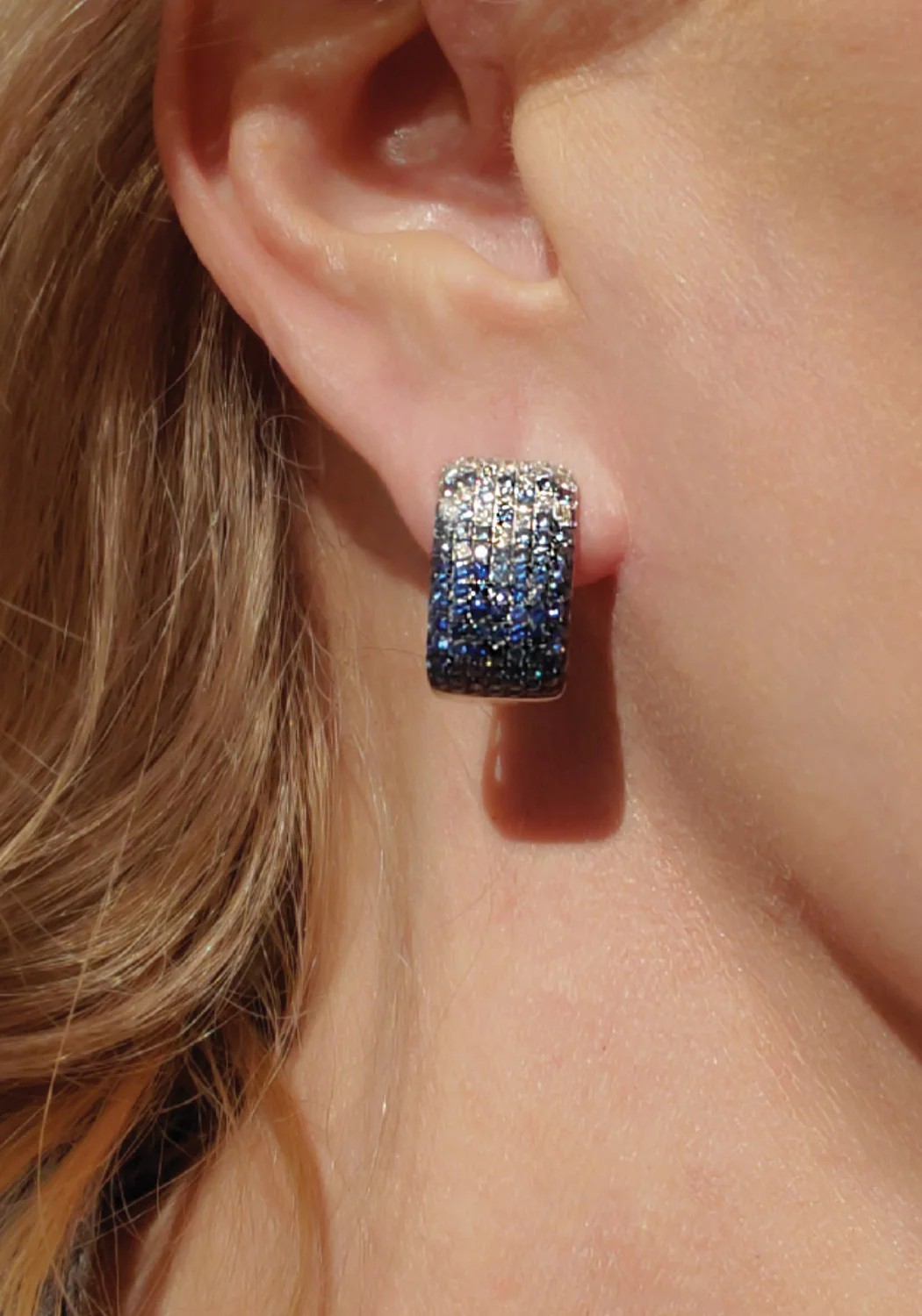 Ruchi 18KWG Ombré Diamond & Blue Sapphire Huggie Earrings - Image 2