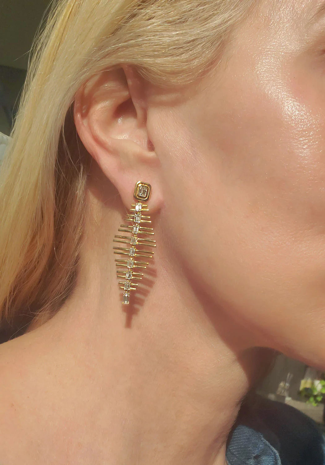 Ruchi 18KYG Scintillate Diamond Fishbone Dangle Earrings - Image 2