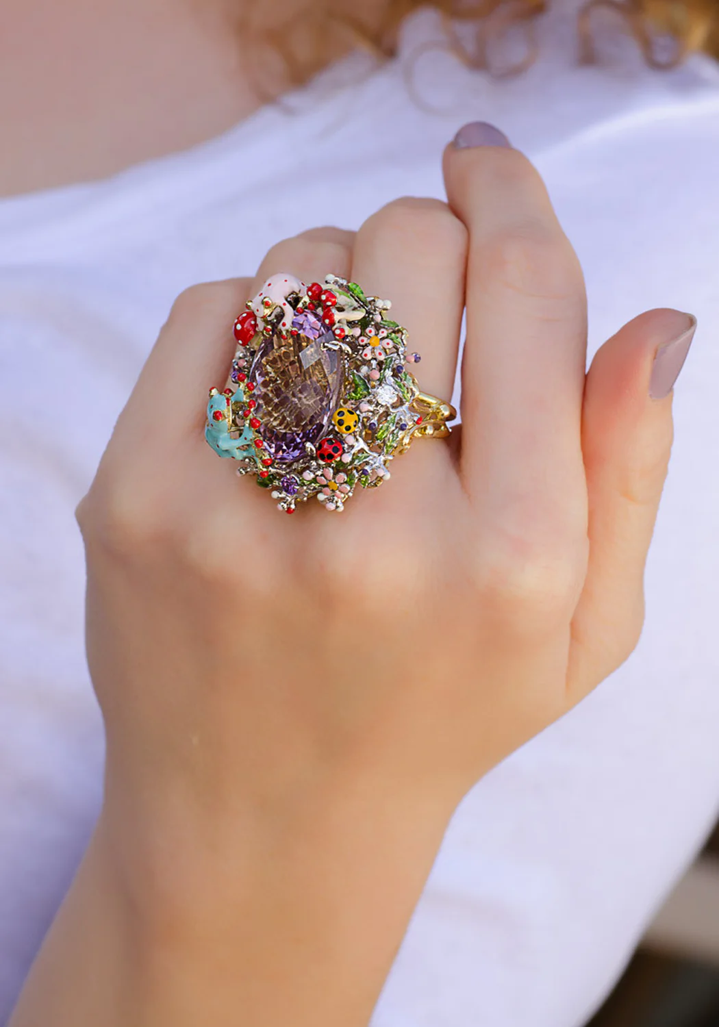 Santagostino Enamel Ladybug & Frog Amethyst Ring - Image 5