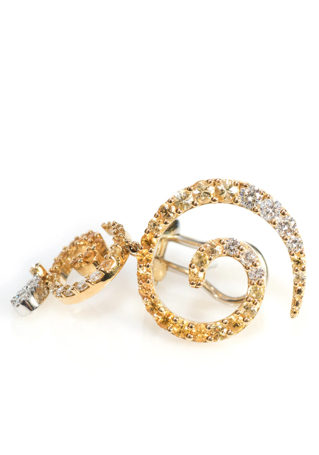 Stefan Hafner Diamond & Orange Sapphire Swirl Drop Earrings - Image 3
