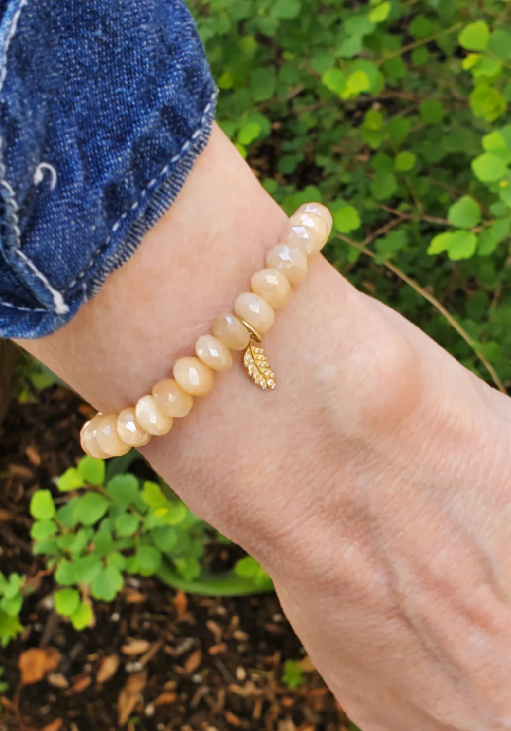 Sydney Evan 14KYG Diamond Feather Charm Peach Moonstone Bracelet - Image 2