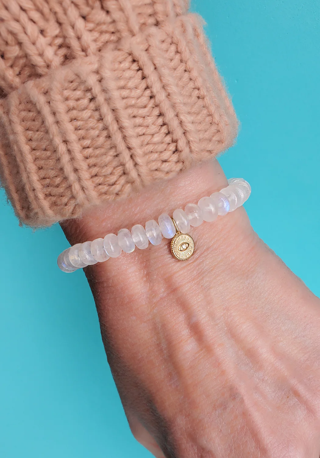 Sydney Evan Eye Coin Charm Rainbow White Moonstone Bead Bracelet - Image 2