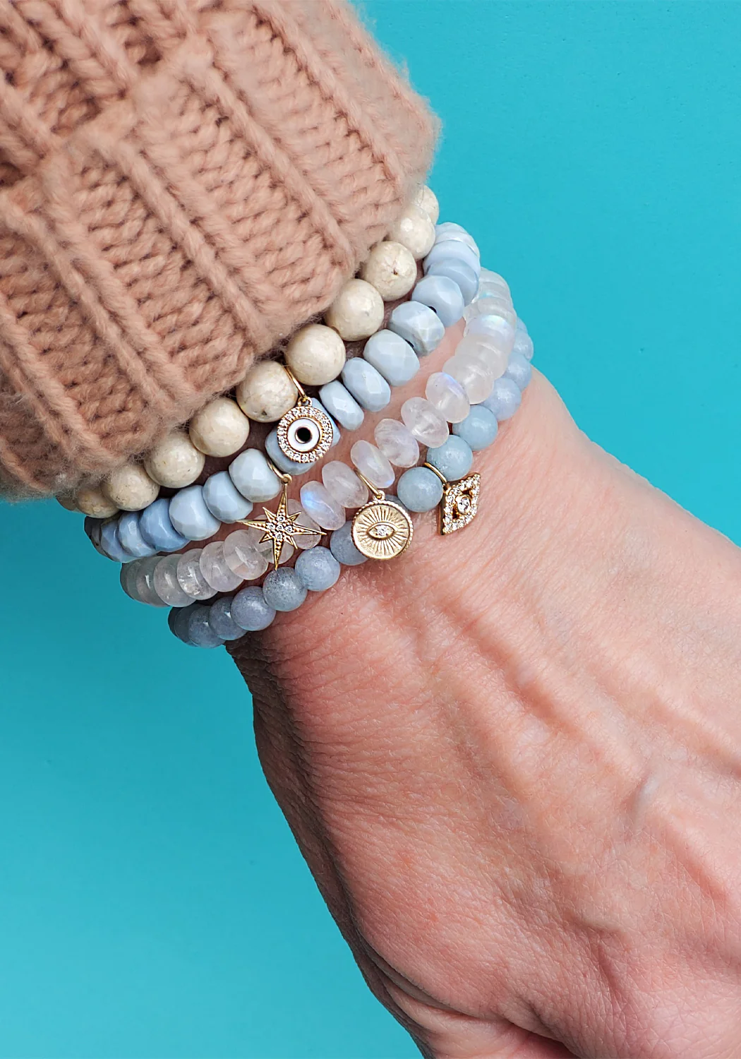 Sydney Evan Eye Coin Charm Rainbow White Moonstone Bead Bracelet - Image 3