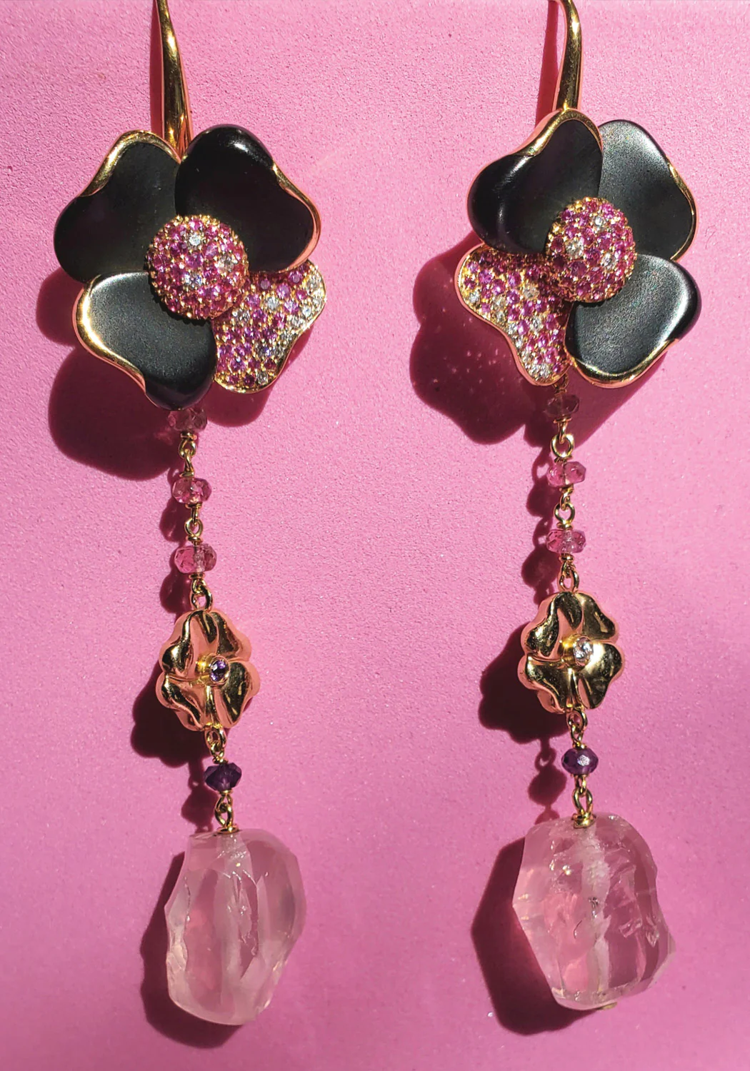 Valente Jet Pink Sapphire Rose Quartz Flower Dangle Earrings - Image 3