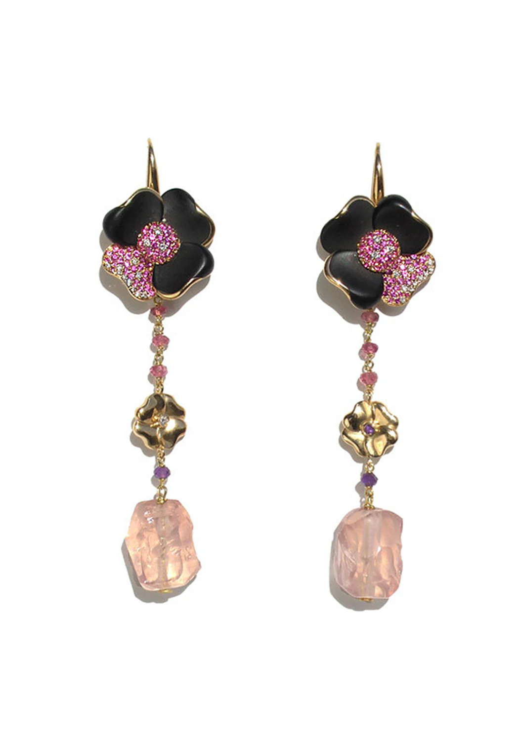 Valente Jet Pink Sapphire Rose Quartz Flower Dangle Earrings - Image 4